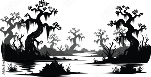 A black silhouette of a swamp landscape with twisted trees flowing water and dense vegetation on transparent background high quality professional