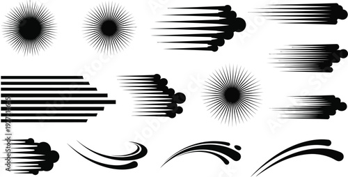 Abstract motion graphic elements collection speed lines bursts and curves a silhouette on transparent background high quality professional detailed modern elegant