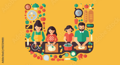 A family enjoys cooking together with fresh ingredients and kitchen tools arranged around them in a colorful, stylized, U-shaped design.