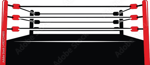 A black wrestling ring with red corner posts and ropes viewed from the front on transparent background silhouette high quality professional