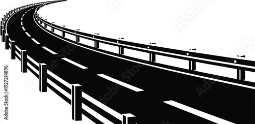 Curving highway road with protective railings and lane markings presented as a striking black silhouette on transparent background high quality professional