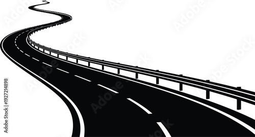 A black silhouette of a winding road with a guardrail curving upwards and disappearing into the distance on transparent background