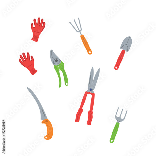 Various garden tools. Gloves, pruning shears, file, rake. Vector illustration in flat style for stores, presentations, add.