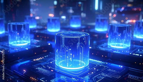 Futuristic holographic cylinders glowing blue on circuit-patterned platforms, symbolizing advanced computing, digital interfaces, and sci-fi technology.