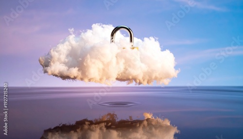 Fluffy white cloud with metallic padlock hovering above reflective water, symbolizing cloud security, data protection, and safe digital storage.