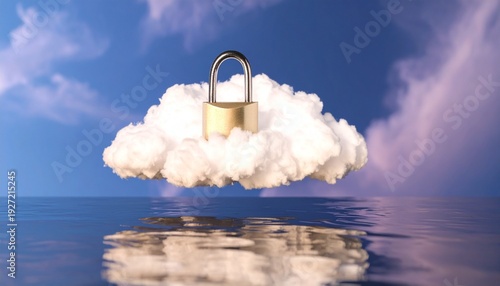 Fluffy white cloud with metallic padlock hovering above reflective water, symbolizing cloud security, data protection, and safe digital storage.