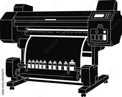 Large format printer graphic illustration showcasing industrial equipment rollers and ink cartridges on transparent background silhouette high quality professional detailed modern