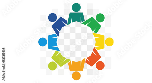 Colorful abstract figures in a circle around a central space.