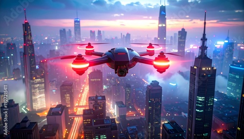 Futuristic drone with glowing red rotors flying above cyberpunk cityscape, symbolizing surveillance, connectivity, and smart urban technology.