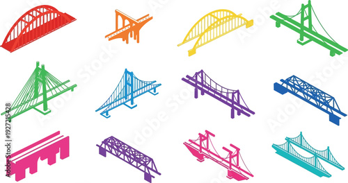 Colorful bridge silhouettes in various designs and hues presented as a set on transparent background high quality professional detailed modern elegant