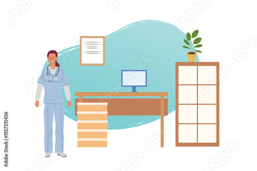 Smiling nurse or doctor in uniform with stethoscope around neck stands welcoming in office near desk. Vector illustration.