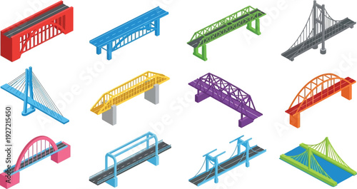 Isometric bridge illustrations showcasing various designs and colors including suspension arch and beam bridges on transparent background silhouette high quality professional