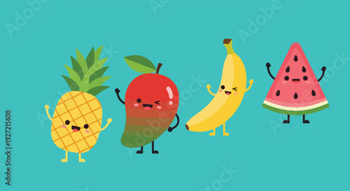 Four cheerful, cartoon-style fruit characters—pineapple, mango, banana, and watermelon—are depicted standing on a vibrant turquoise background.