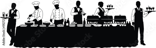 A black silhouette of catering staff serving food at a buffet table showcasing chefs waiters and a variety of dishes on transparent background