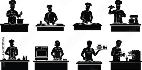 A set of eight chefs in silhouette preparing food on countertops showcasing culinary activities on transparent background high quality professional detailed