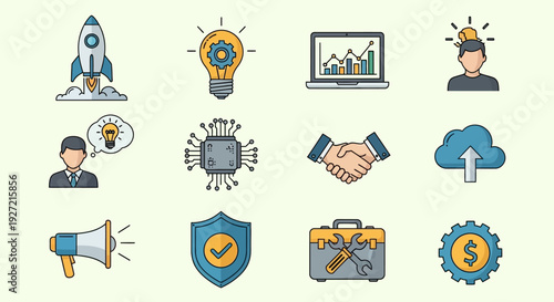 Set of modern business and technology startup icons in flat design style