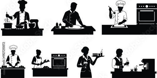 Several chefs working in a kitchen preparing food on countertops depicted as a black silhouette on transparent background high quality professional