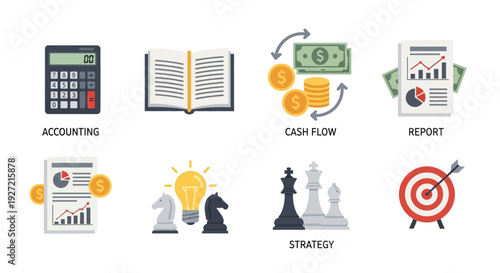 Business and finance flat icons representing accounting, cash flow, strategy, and reports.