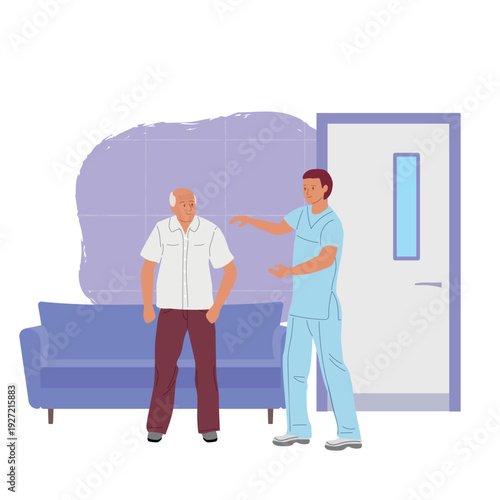 Young orderly or nurse in blue uniform greets elderly man in clinic near office next to soft sofa. Vector illustration.