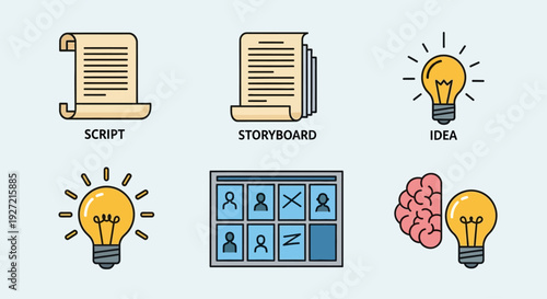 Set of creative process icons including movie storyboard and script