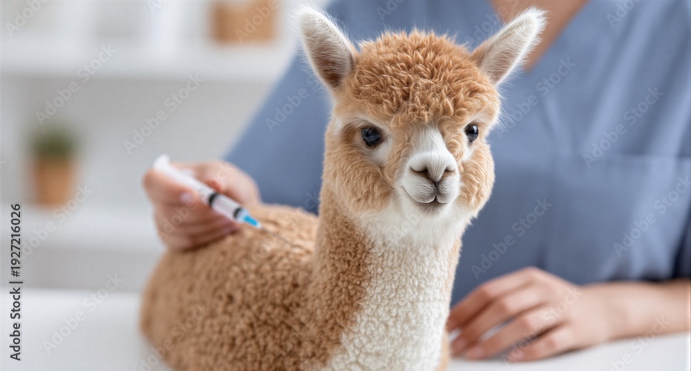 Fototapeta premium Alpaca getting injection from woman veterinarian. Concept of animal health care, vaccine, and veterinary medicine for domestic pet.