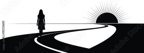 A black silhouette of a woman standing on a winding path towards a bright sunrise on transparent background high quality professional