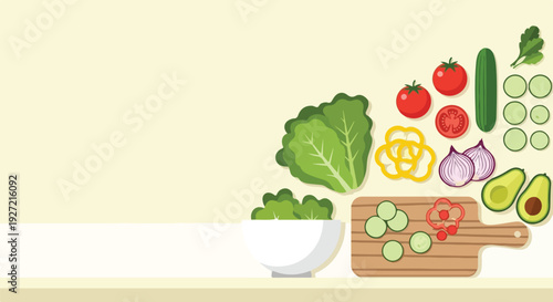 A vibrant flat lay of assorted fresh vegetables for a healthy salad, featuring a bowl and cutting board on a light background.