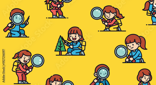 Illustration of a cheerful girl exploring with curiosity using a magnifying glass, evoking a sense of adventure and discovery.