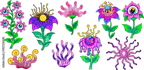 Psychedelic alien flowers, fantasy space plants, surreal nature set