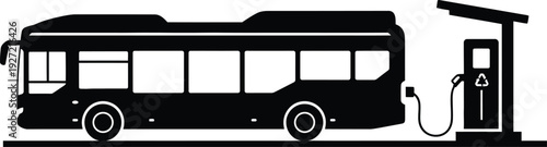 Black electric bus parked at charging station side view illustration clean lines on transparent background silhouette high quality professional detailed modern