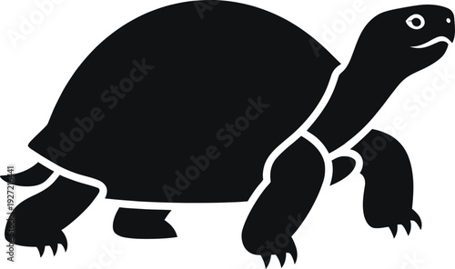 Black silhouette of a walking turtle on white background