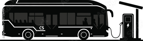 Black silhouette of a modern electric bus charging at a station displaying c5 branding on transparent background high quality professional detailed