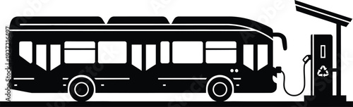 Black and white silhouette of a modern electric bus charging at a station on transparent background vector illustration high quality professional