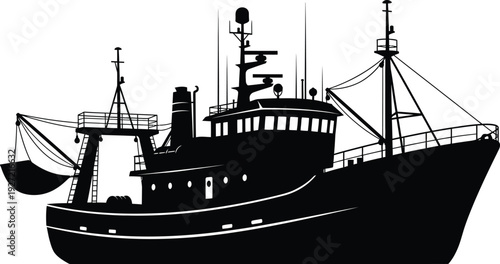 Detailed black silhouette of a fishing trawler ship with masts nets and deck railing on transparent background high quality professional detailed