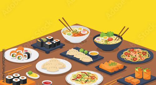 A vibrant illustration of a diverse selection of Asian cuisine, featuring sushi, ramen bowls, dumplings, and noodle dishes presented on a table.