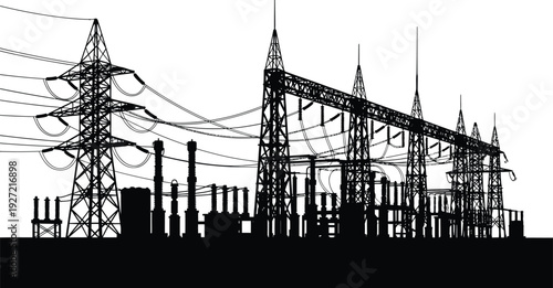 Detailed silhouette of electrical power transmission towers and lines against a white background on transparent background high quality professional detailed modern
