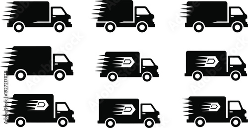 A set of nine delivery truck icons in silhouette depicting movement with speed lines on transparent background high quality professional detailed