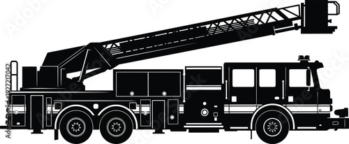Detailed black silhouette of a fire truck with an extended ladder showing its vehicle body and equipment on transparent background