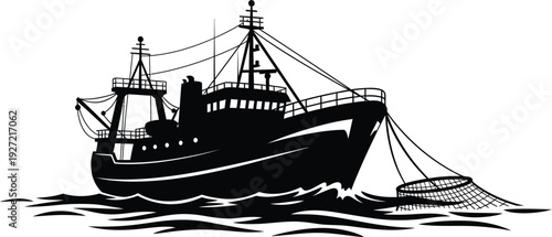 Detailed silhouette of a fishing trawler boat at sea with nets and rigging on transparent background high quality professional detailed modern