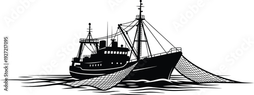 Detailed black and white silhouette of a fishing trawler boat with deployed net on transparent background high quality professional detailed modern