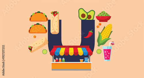 A flat-design illustration features Mexican food items like tacos, burritos, guacamole, and corn, with a food stand, on a peach background.