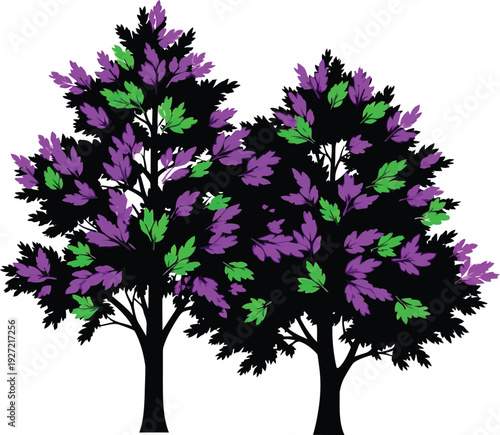 Abstract pair of trees in green and purple hues depicted as a striking silhouette on transparent background high quality professional detailed