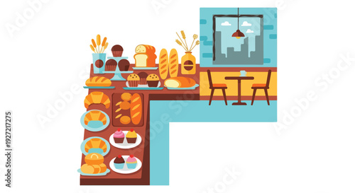 A charming vector illustration of a bakery and cafe interior, showcasing a delightful spread of breads and pastries on a counter, with a cozy window seating area.