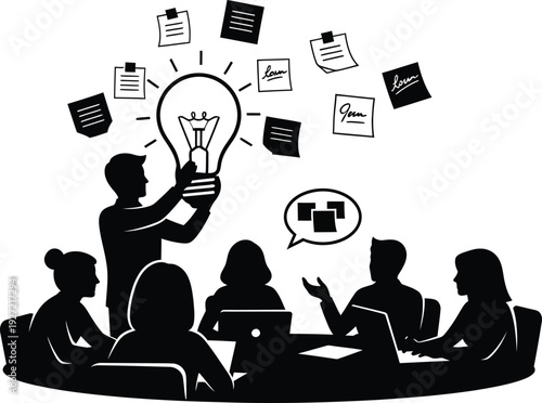 A black silhouette depicting a team meeting with a bright idea surrounded by documents and notes on transparent background high quality