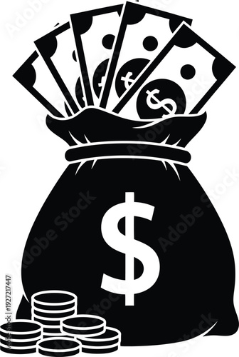 A black and white silhouette of a money bag overflowing with cash and coins symbolizing wealth on transparent background high quality