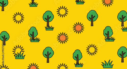 A cheerful and bright image depicting trees, grass, and a smiling sun on a vibrant yellow background, evoking a sense of happiness and positivity, ide