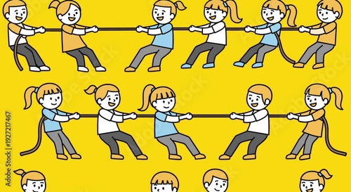 Digital illustration depicting two girls pulling a rope, symbolizing teamwork and cooperation with bright colors, suitable for motivational content.