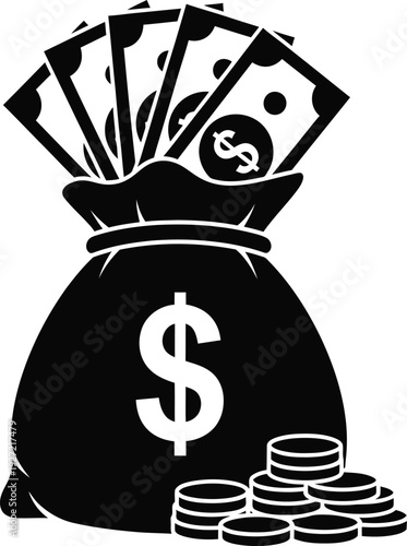 A black and white silhouette of a bag overflowing with money coins and dollar bills on transparent background high quality professional