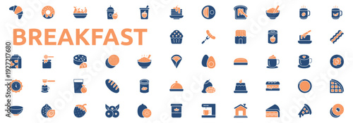 Breakfast icon set two color style with pancake, toast, cereal, coffee, tea, bacon, egg, waffle, bagel, croissant, donut, fruit, smoothie, yogurt icons