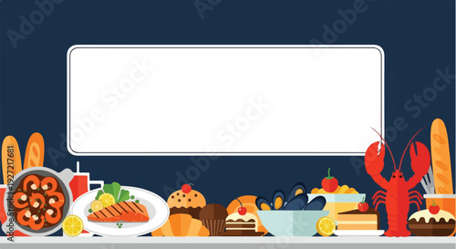A vibrant flat-design vector showcasing a diverse spread of seafood, baked goods, and bread beneath a central white rectangular frame, set against a dark blue background.